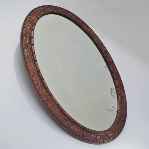 Antique Blackforest style oval wall mirror, hand carved oak, bevelled, 1910`s ca, English